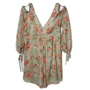 Young at Heart Mini Sundress Womens Size M Green Floral Cold Shoulder V-Neck USA
